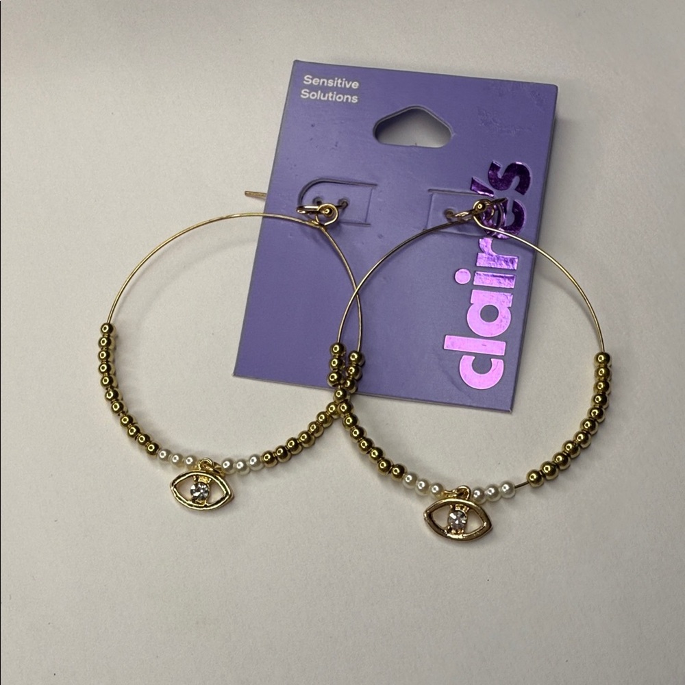 Claire's Gold and White Eye Charm Hoop Earrings
